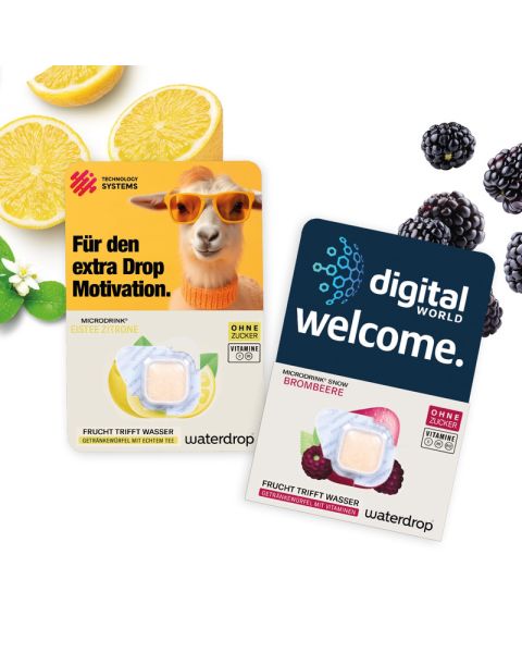 waterdrop Würfel in einer individuell bedruckten Herz-Werbekarte