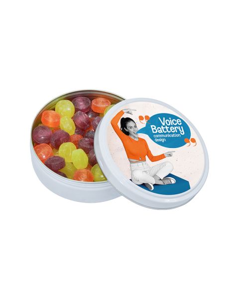 60 g zuckerfreie Pullmoll Pastillen in schwarzer oder weißer Metalldose mit Werbedruck