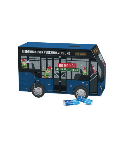 3D Advent calendar bus share chocolate bars with advertising print