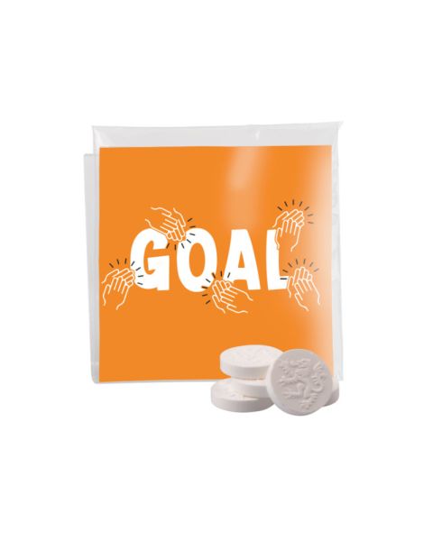 Peppermint tablets with lion relief in transparent bags with promotional insert