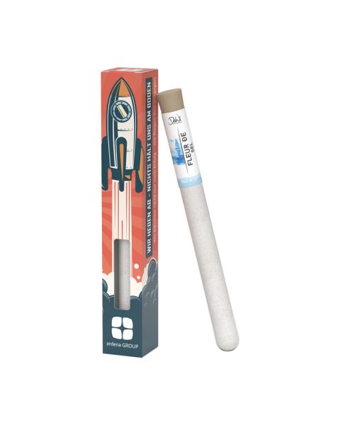 Test tube S with fleur de sel in promotional box with advertising print