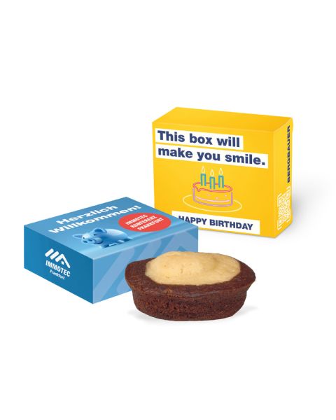 Werbebox mit Bahlsen Kuchen-Snack Marmor und Rundumdruck