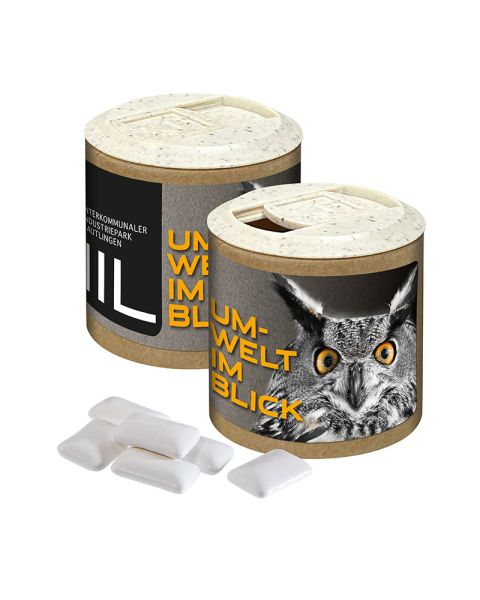 Sugar-free chewing gum in paper promotional tin