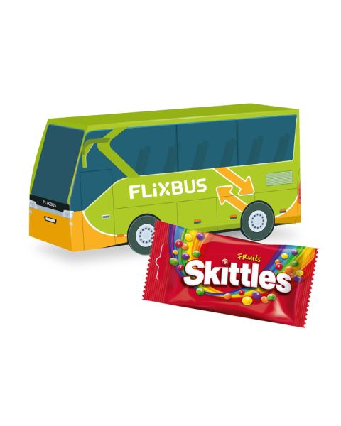 3D Präsent Bus mit Skittles Fruits oder Crazy Sours und Werbedruck