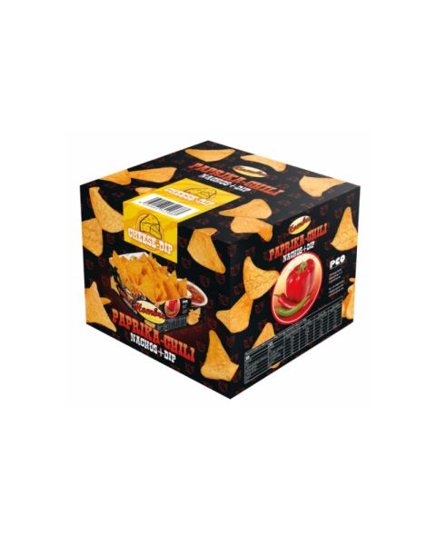 Paprika-chilli nachos with cheese dip in portion box with promotional slipcase