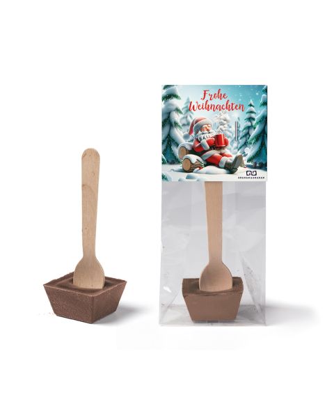 30 g drinking chocolate (milk chocolate alternative) on a wooden spoon with advertising insert and advertising print