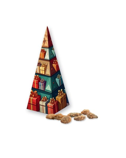 30 g vegane feuergebrannte Mandeln ohne Zuckerzusatz in Präsent-Pyramide mit Werbedruck