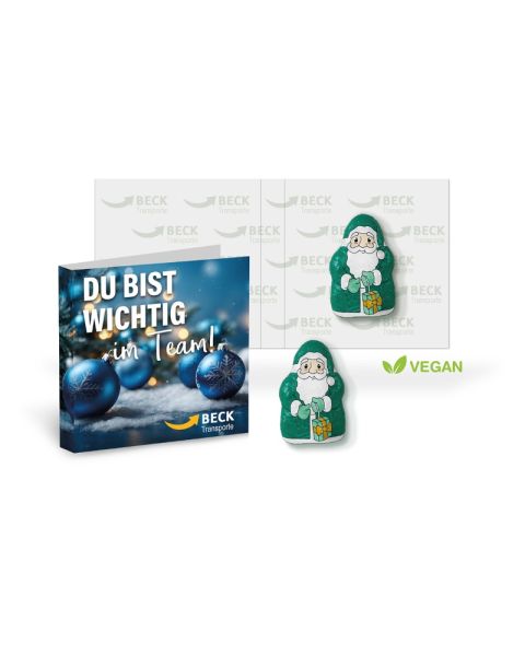 Advertising folding card with vegan Santa Claus from Storz and all-round advertising print