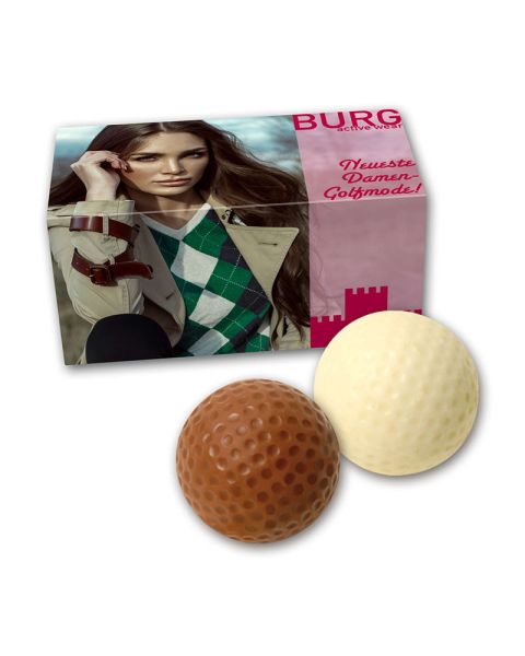 2er Schokoladen-Golfbälle in einer Faltschachtel mit Rundumdruck