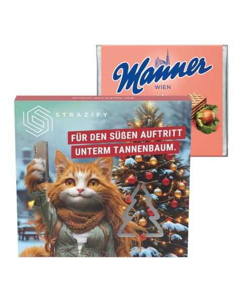 Manner Waffeln in einer Präsentbox mit einer Tannenbaum-Ausstanzung und Werbedruck