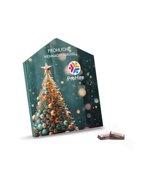 Advent calendar house with Sarotti chocolate bars and advertising print