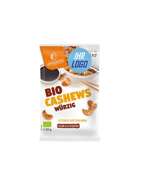50 g LANDGARTEN Bio Cashews würzig im original LANDGARTEN Papiertütchen mit Werbeaufkleber