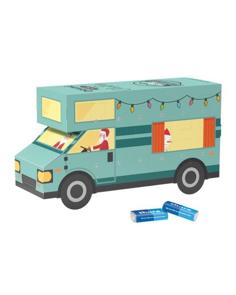 3D Adventskalender Wohnmobil mit share Schokoladentäfelchen und Werbedruck
