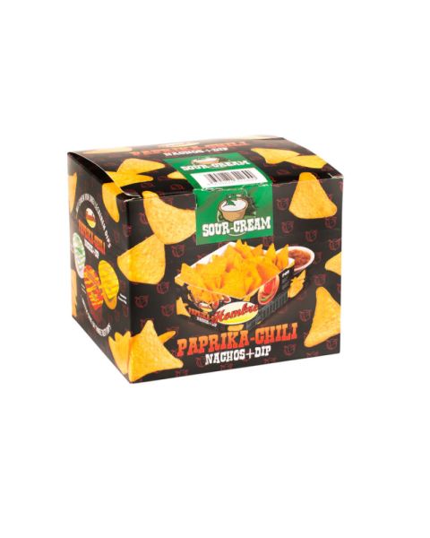 Paprika-chilli nachos with sour cream dip in portion box with promotional slipcase