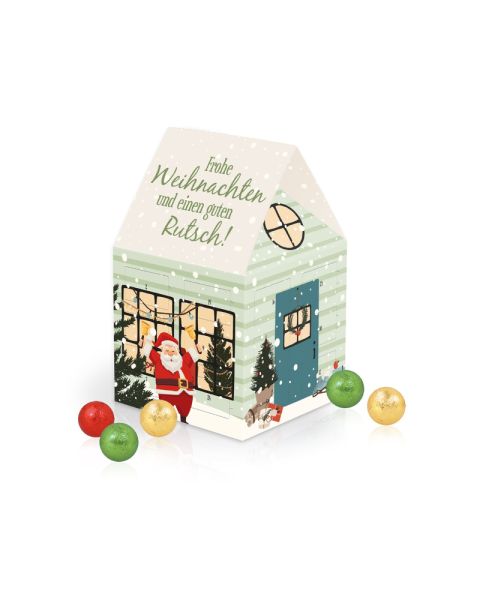 Advent calendar house with Fairtrade chocolate, paper inlay and all-round advertising print