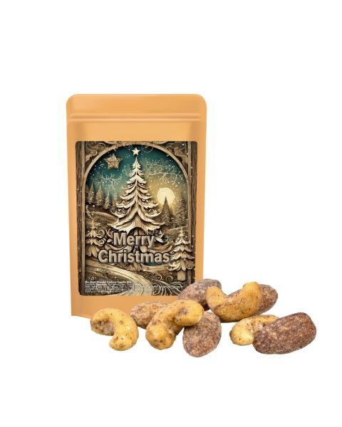 Organic cinnamon almond vanilla cashew mix in mini stand-up pouches with a promotional label
