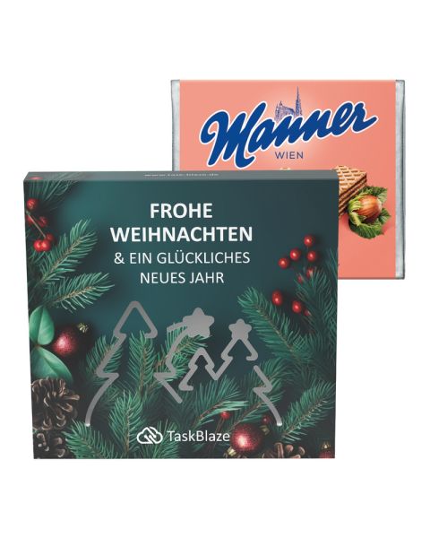 Manner Waffeln in einer Präsentbox mit einer Wald-Ausstanzung und Werbedruck