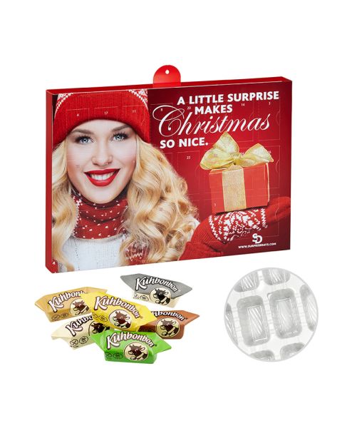 Wall advent calendar with cow sweets and advertising print