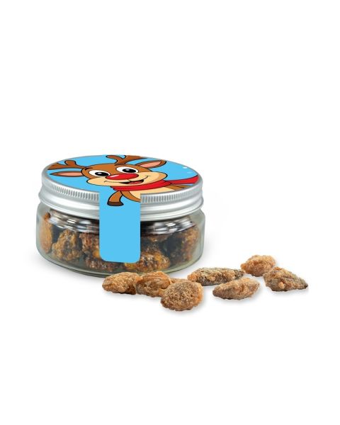 60 g vegane feuergebrannte Mandeln ohne Zuckerzusatz in Sweet Dose Mini mit Werbeetikett