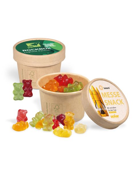 Paper box with premium fruit gums and a promotional insert in the lid