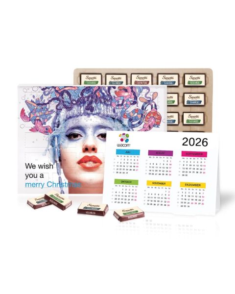 2-in-1 Advent calendar with annual planner, Fairtrade Sarotti chocolate paper inlay with advertising print