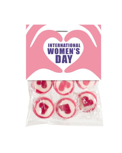 Rock hard caramel sweets in bags with standard International Women's Day tab