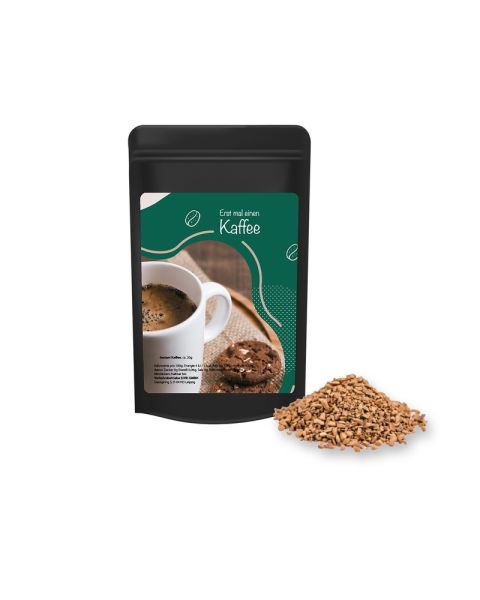 Organic instant coffee in mini stand-up pouch, black with promotional label