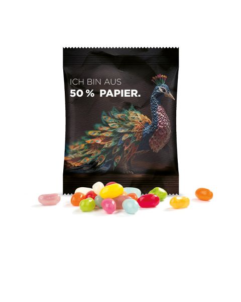 10 g jelly beans in promotional bags with 50% paper content and promotional print
