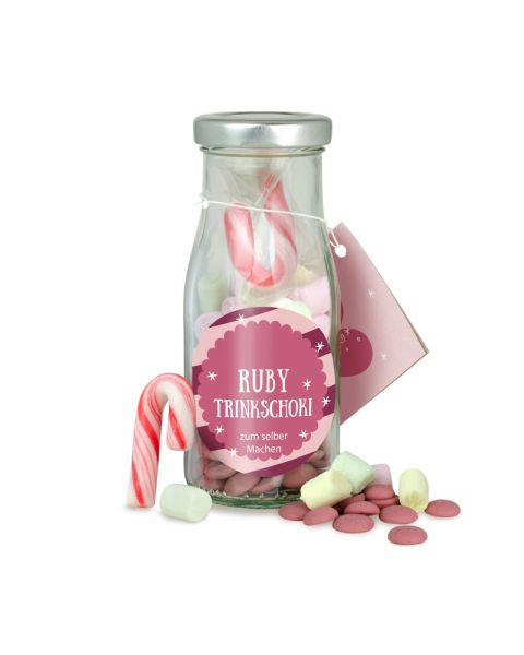 Do-it-yourself bottle of RUBY drinking chocolate with promotional label and tag