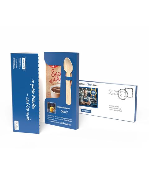 Dr. Oetker chocolate cup pudding in a mailing folder with spoon and promotional print