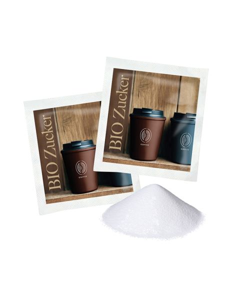 Paper sachet with organic sugar and promotional print