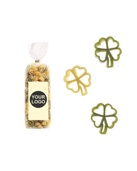 250 g Werbe-Nudeln in Glücksklee-Form im Standbeutel mit Werbeetikett