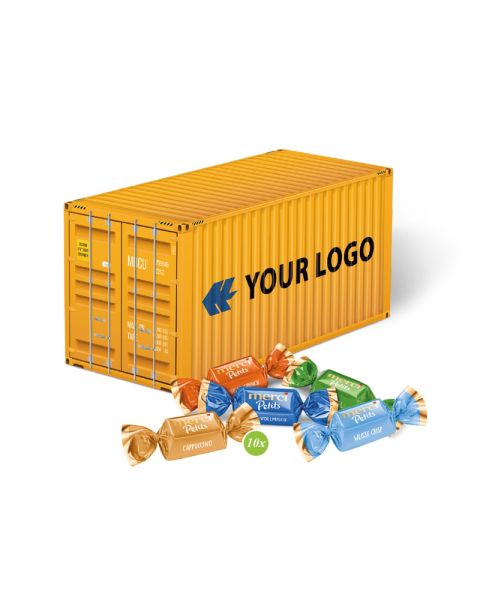 3D Präsent Container mit Merci Petits und Werbedruck