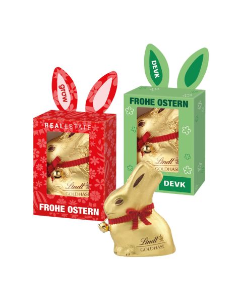 Lindt Goldhase in einer individueller Werbekartonage mit Hasenohren zum Ausklappen
