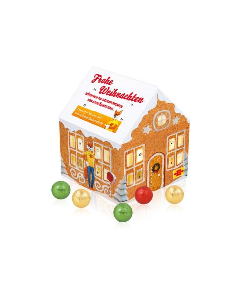 Advent calendar house with Fairtrade chocolate and all-round advertising print