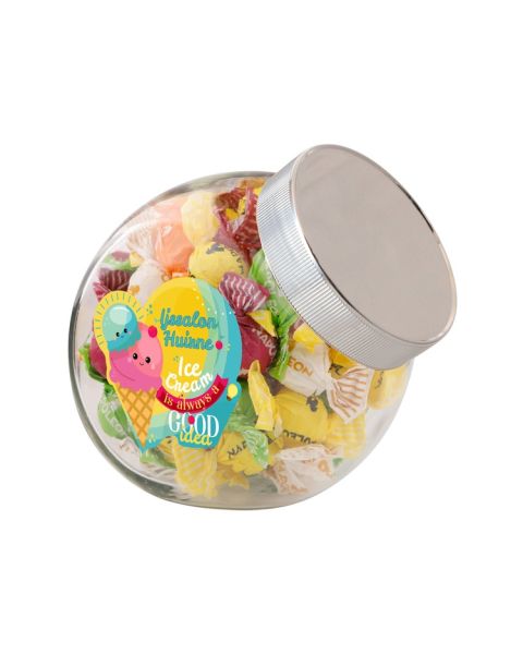 0.9 litre Slanted Jar with silver lid filled with Napoleon fruit mix and promotional label