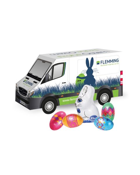 3D Präsent Transporter Ostern mit Klett Schokoladenmischung und Werbedruck
