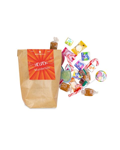 150 g bunter Mix aus Süßigkeiten-Mix 2 in brauner Papiertüte mit Werbeetikett
