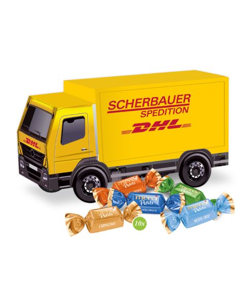 3D Präsent LKW mit Merci Petits und Werbedruck