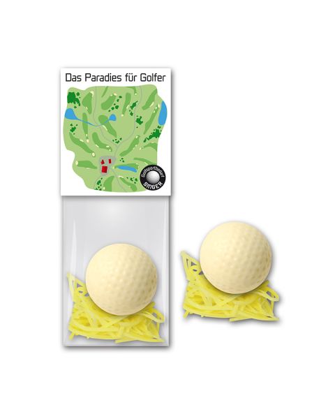 Schokoladen-Golfball im Stehbeutel mit Werbeetikett
