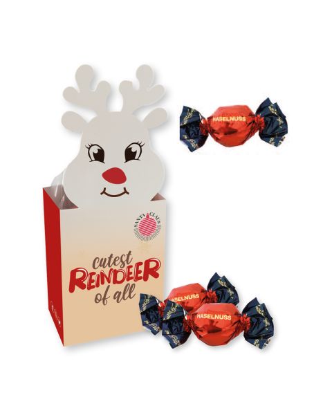 75 g Weihnachtspralinés Rentier mit Haselnusscremefüllung in Motivkartonage mit Logodruck
