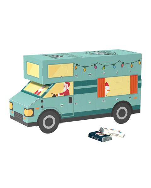 3D Adventskalender Wohnmobil mit Alpenmilch-Schokotäfelchen und Werbedruck