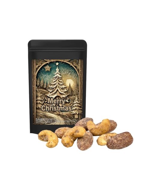 Organic cinnamon almond vanilla cashew mix in mini stand-up pouches with promotional label