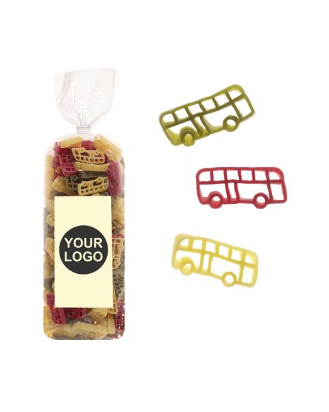 250 g Werbe-Nudeln in Reisebus-Form im Standbeutel mit Werbeetikett