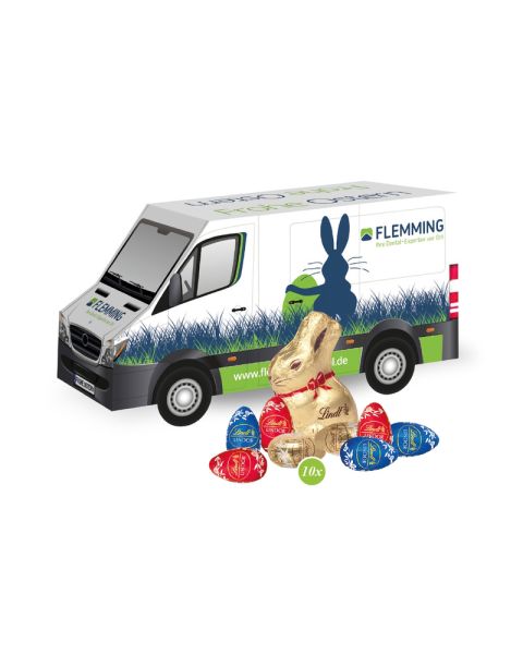 3D Präsent Transporter Ostern mit Lindt Schokoladenmischung und Werbedruck