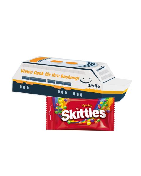 3D Präsent Schiff mit Skittles Fruits oder Crazy Sours und Werbedruck
