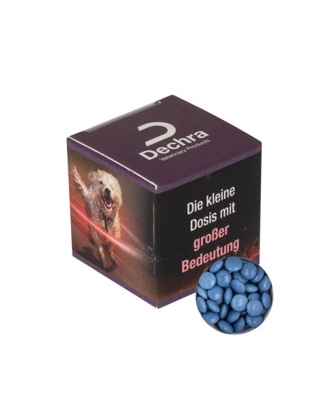 Promotional cube with blue chocolate lentils and promotional print