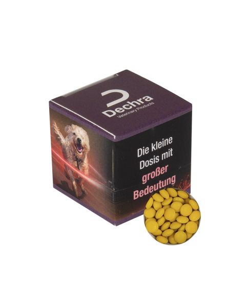 Promotional cube with yellow chocolate lentils and promotional print