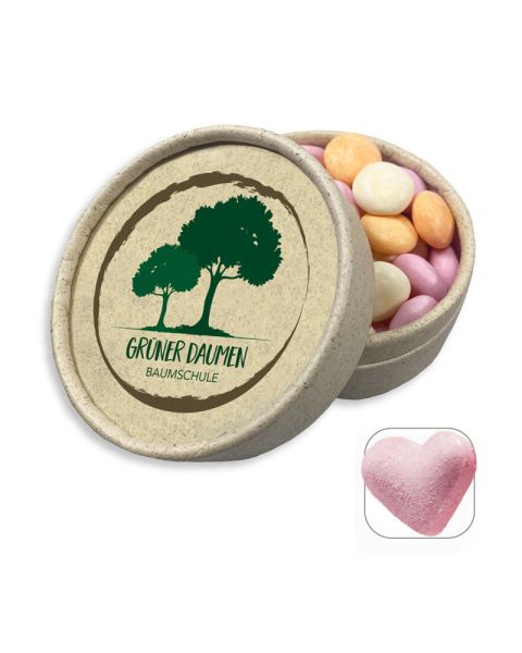 80 g SADEX fizz hearts in grass paper tin with promotional print