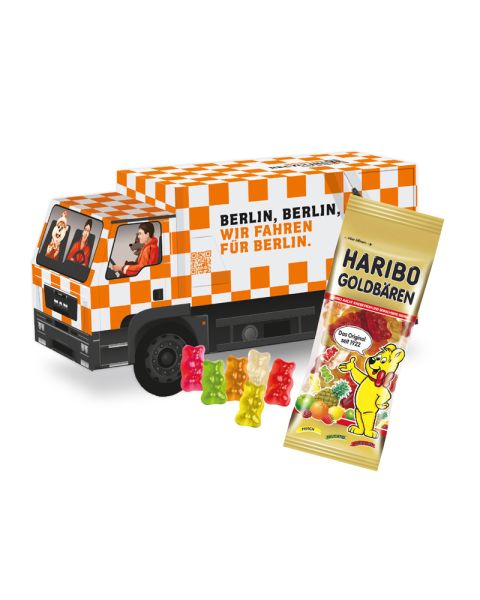 3D Präsent LKW mit Haribo Goldbären und Werbedruck